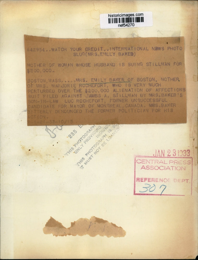 1933 Pres Photo Mrs Emily Baker Upset Over $200,000 Alienation of Affection Case