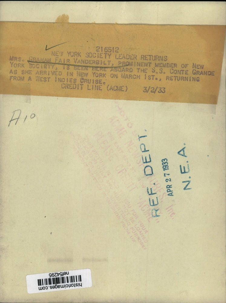 1933 Press Photo Mrs. Graham Fair Vanderbilt Aboard S.S. conte Grande, New York