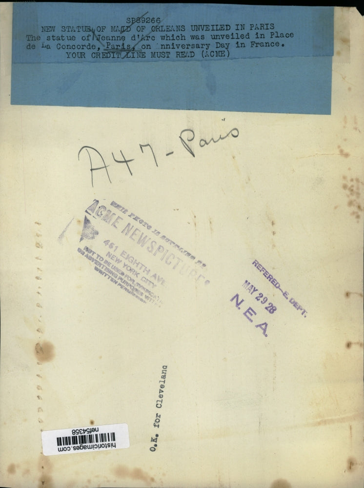 1928 Press Photo Statute of Maid Orleans Unveiled in Paris on Anniversary Day