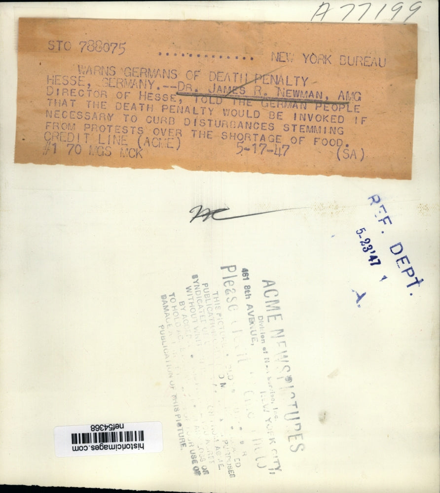 1947 Press Photo Dr. James R. Newman Warning Hesse, Germany of Death Penalty
