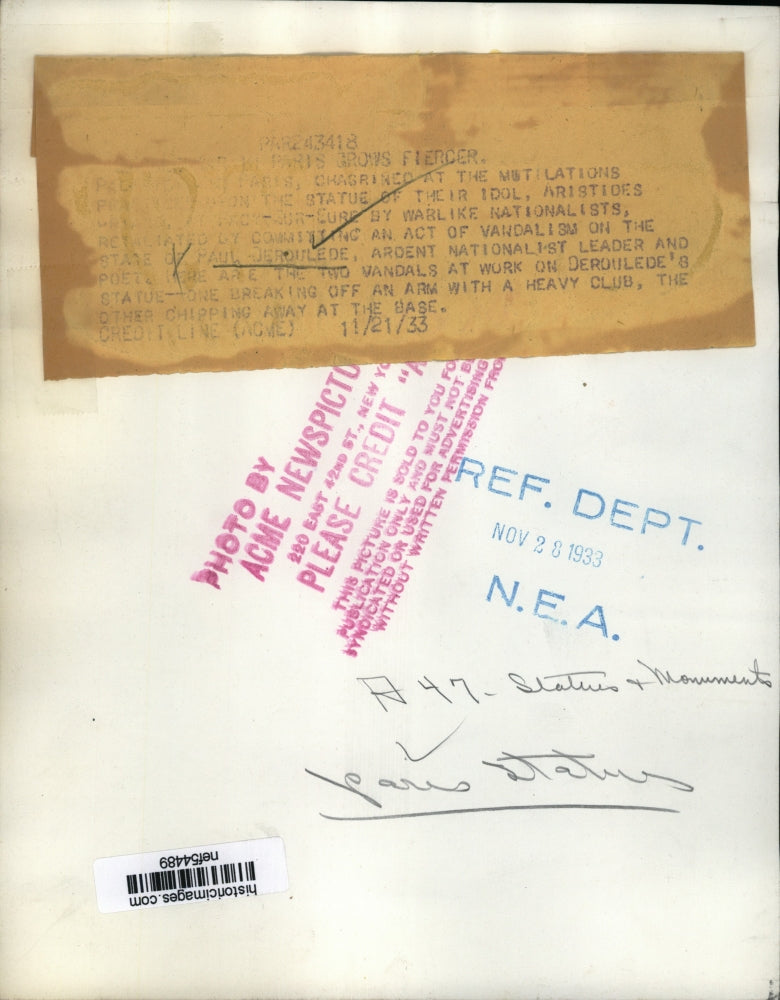 1933 Press Photo Paul Deroulede Statue Vandalized, Paris, France - nef54489