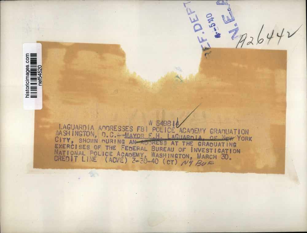 1940 Press Photo Mayor Fiorello LaGuardia of New York at FBI Graduation Ceremony