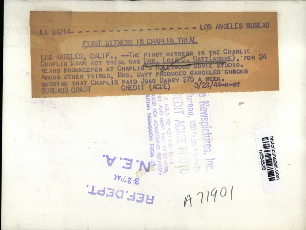 1944 Press Photo Mrs.Lois Watt witness in Charlie Chaplain MannTrial