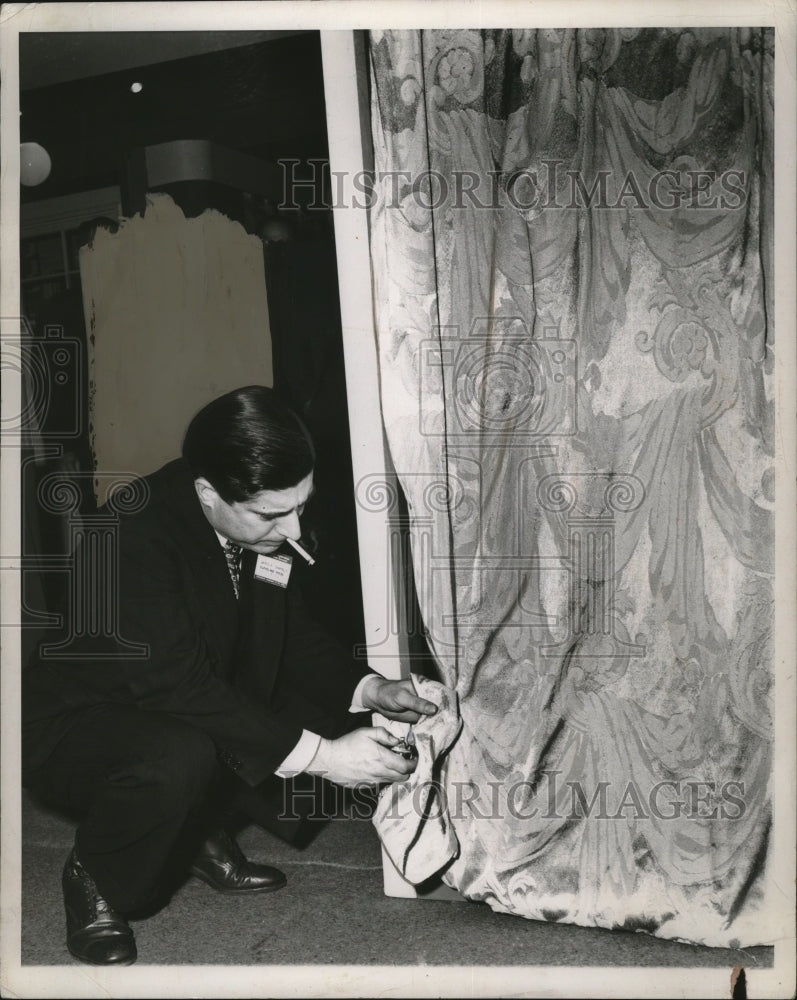 Load image into Gallery viewer, 1947 Press Photo James K. Chandler test fireproof drapes - nef54549
