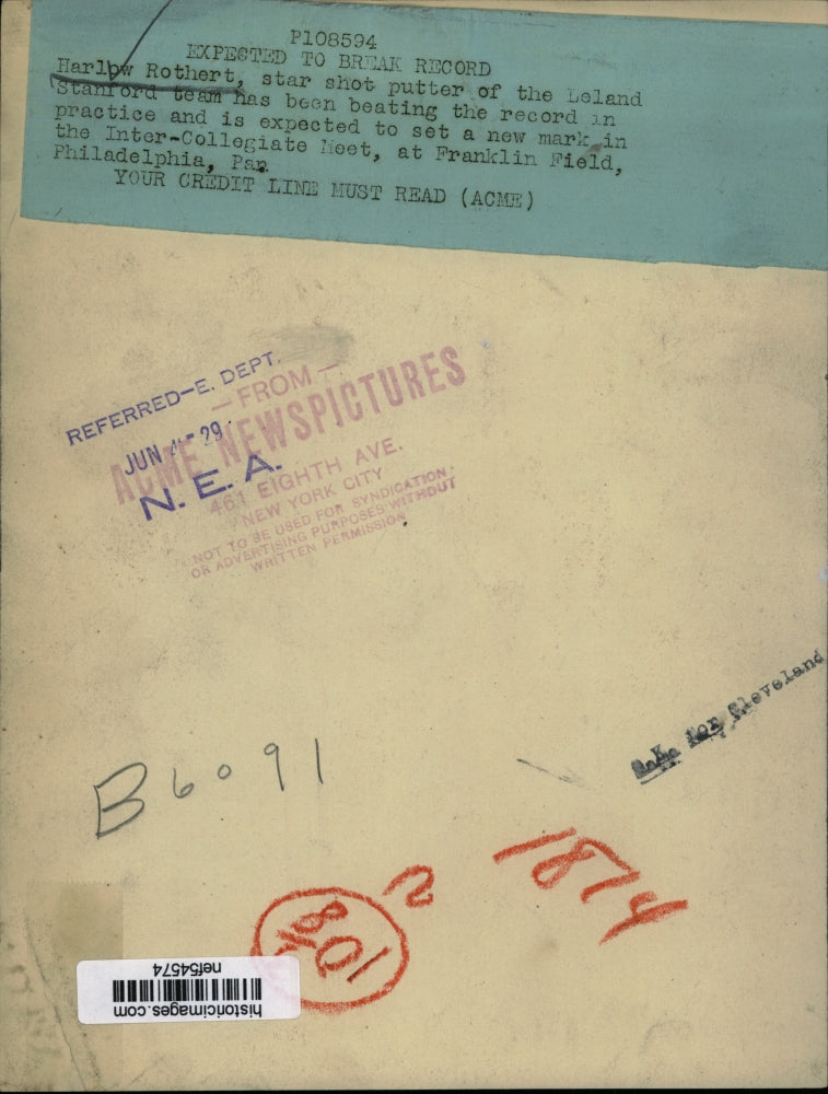 1929 Pres Photo Harlow Rothert Expected to Set New Mark at Inter-Collegiate Meet