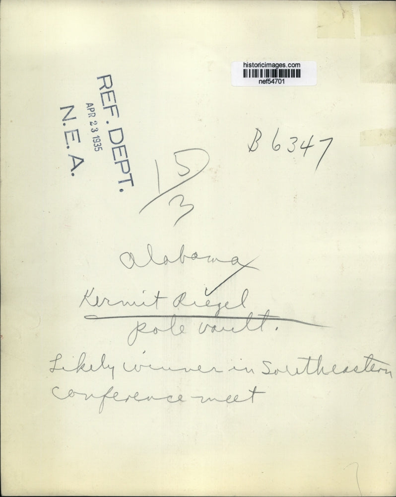 1935 Press Photo Kermit Riegel, Pole Vaulter at Southeastern Conference Meet