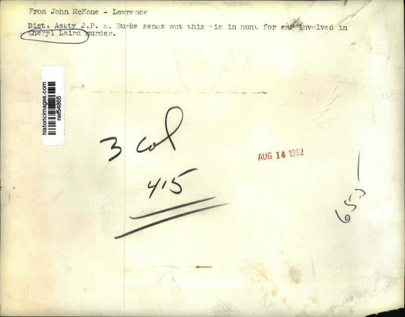 Load image into Gallery viewer, 1962 Press Photo Photo sent out in hunt for car involved in Cheryl Laird murder
