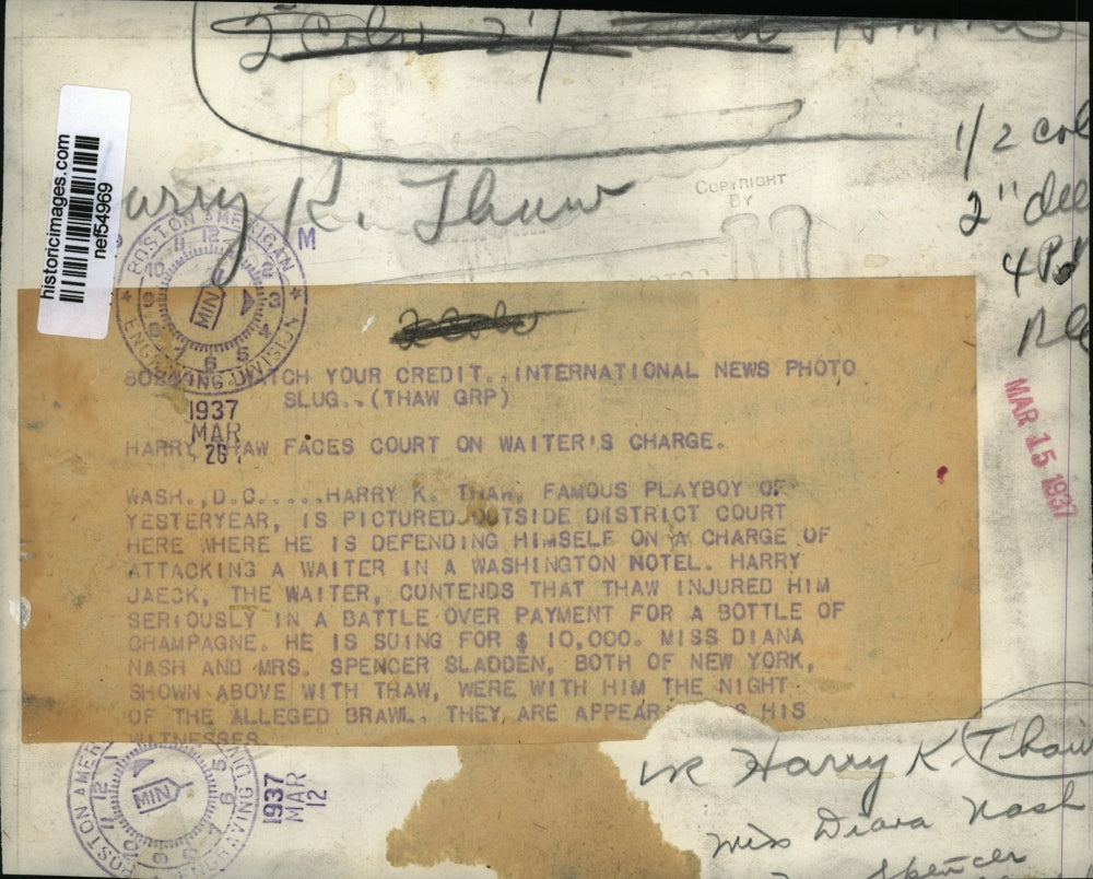 1937 Press Photo Harry K.Thaw, famous Playboy charge of attacking a waiter