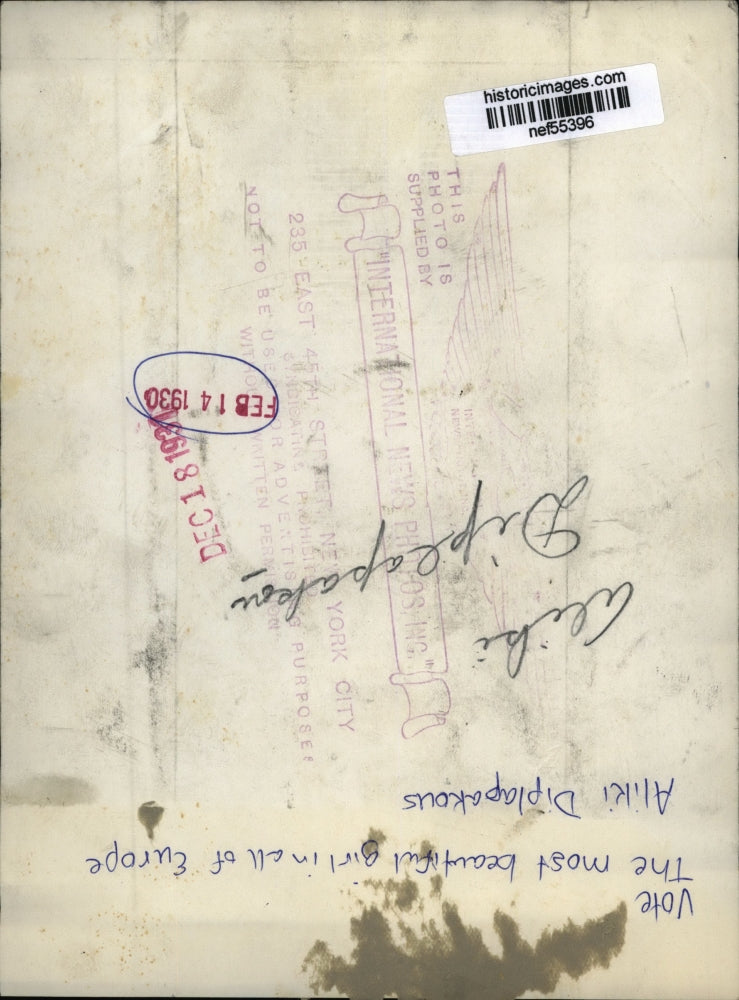 1930 Press Photo Aliki Diplapakou, Chosen "Miss Europe" - nef55396