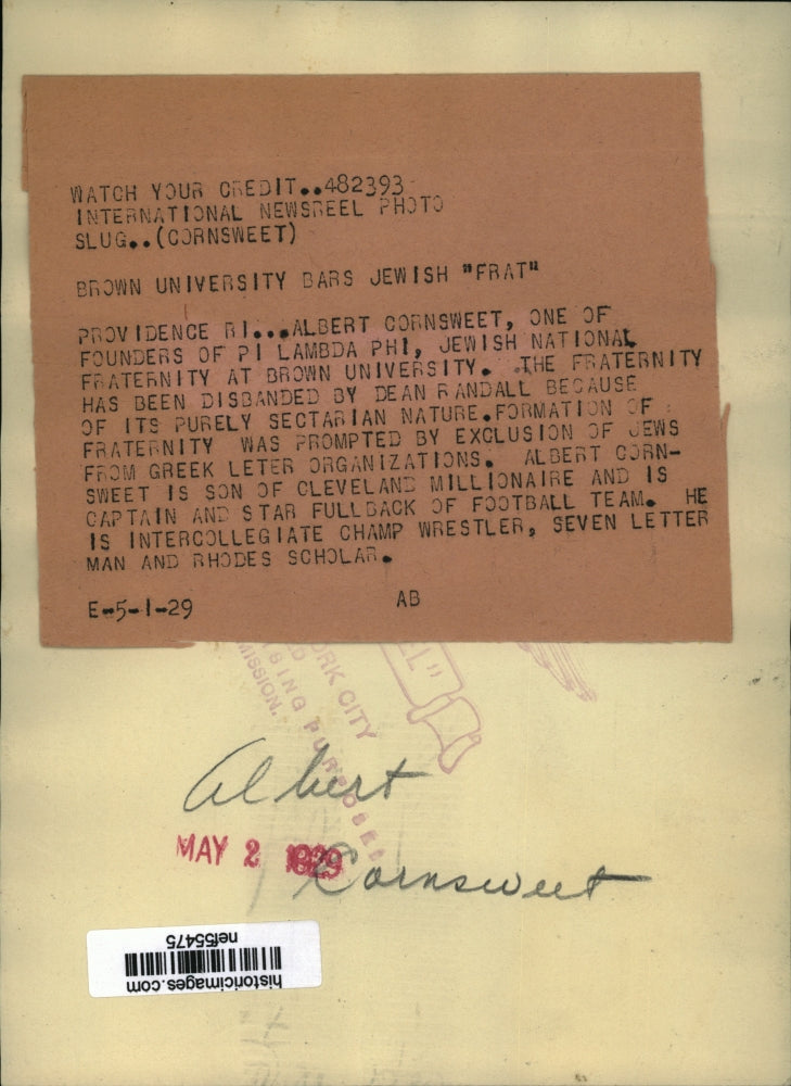 1929 Press Photo Al Cornsweet, Brown University Pi Lamda Phi Founder - nef55475