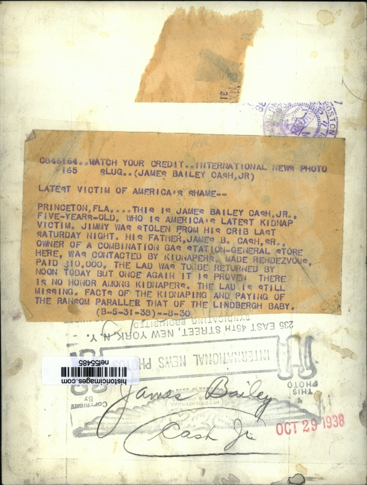 Load image into Gallery viewer, 1938 Press Photo Kidnapped Florida Boy James Bailey Cash Jr. - nef55485
