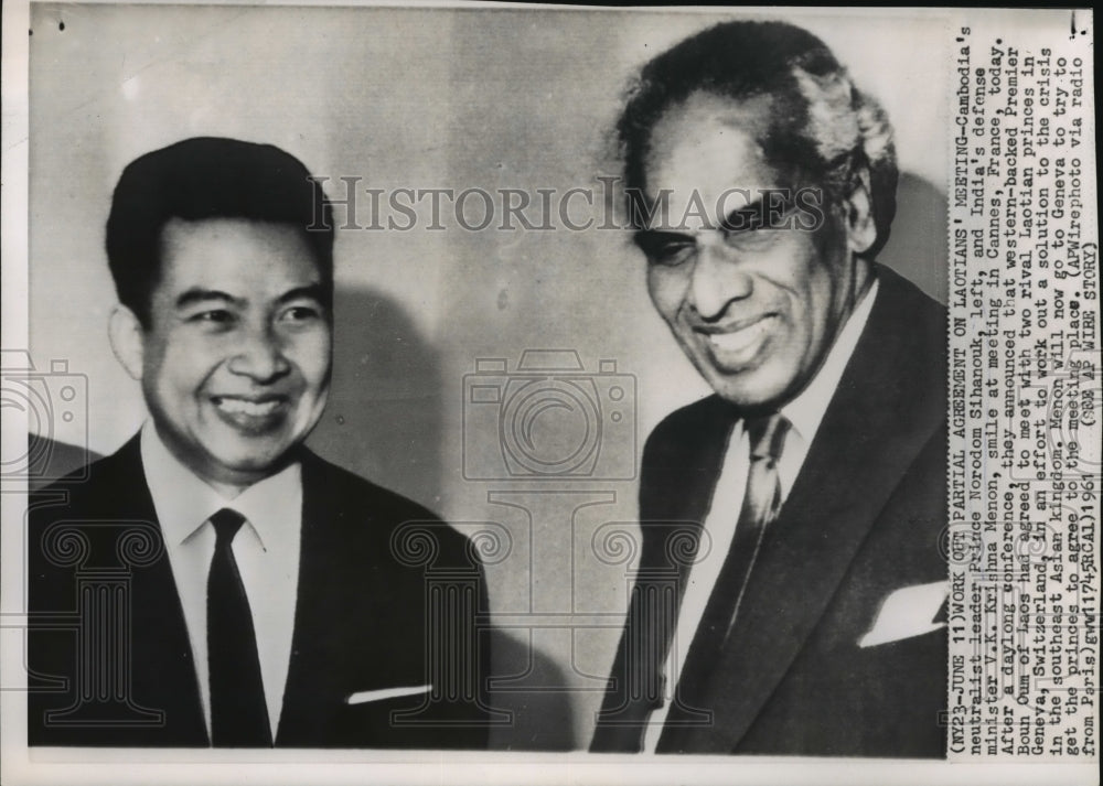 1961 Press Photo Prince Norodom Sihanouk, V.K. Krishna Menon in Cannes, France