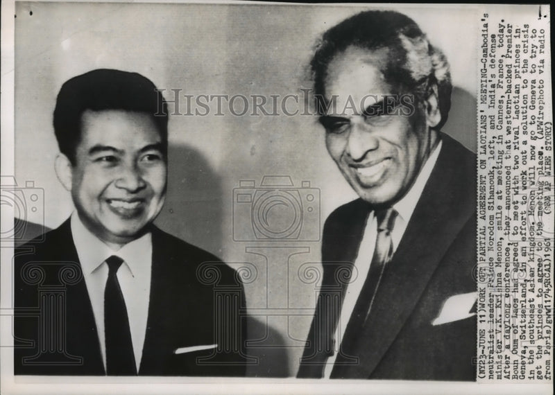 Load image into Gallery viewer, 1961 Press Photo Prince Norodom Sihanouk, V.K. Krishna Menon in Cannes, France
