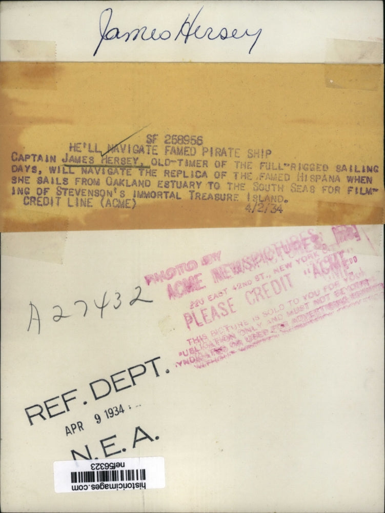 1934 Press Photo Capt. James Hersey Navigate the replica of famed Hispana