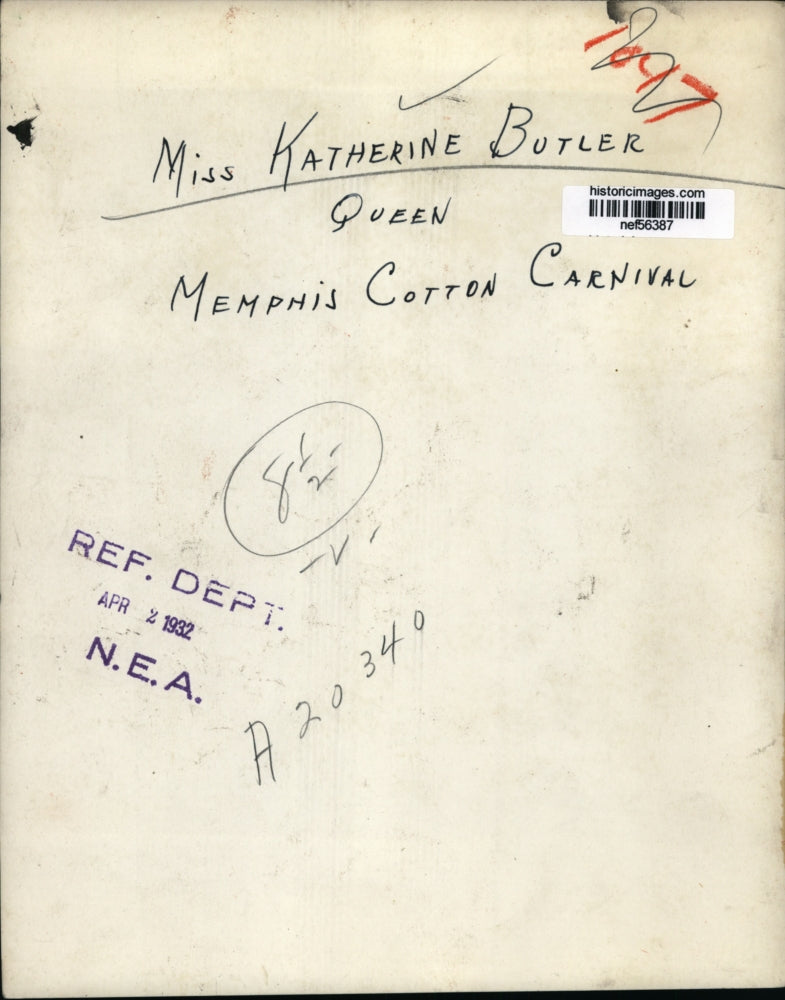 1932 Press Photo Katherine Butler Queen of Memphis Cotton Carnival - nef56387