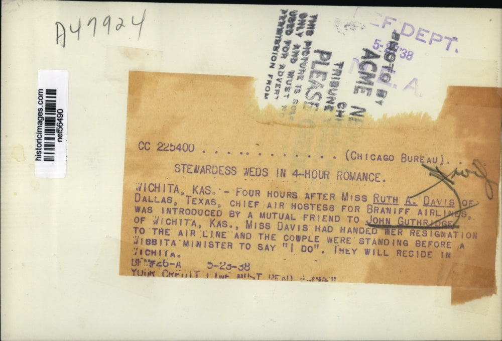 1938 Press Photo Ruth A. Davis marries John Guthridge after 4-hour romance