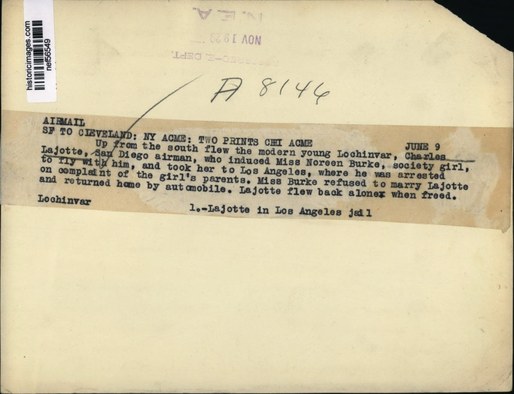 1929 Press Photo Charles Lajotte, San Diego Aviator in Los Angeles Jail