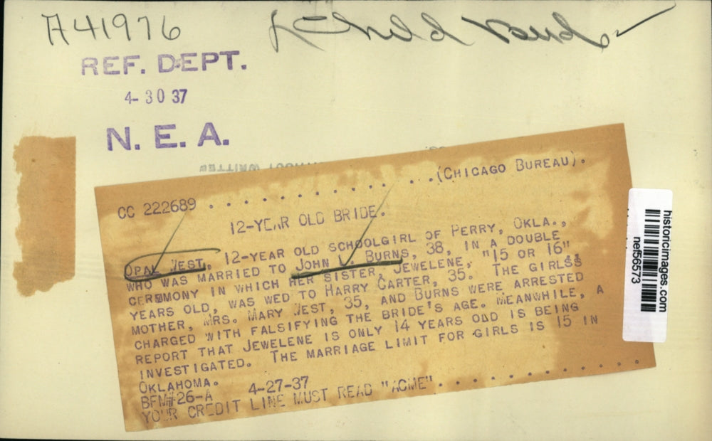 1937 Press Photo Opal West, Child Bride of John L. Burns, Perry, Oklahoma