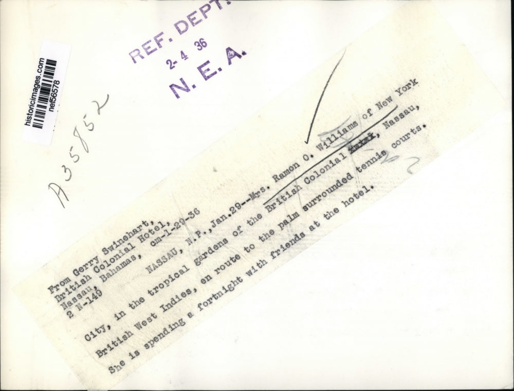 1936 Press Photo Mrs. Ramon O. Williams at British Colonial, Nassau, Bahamas