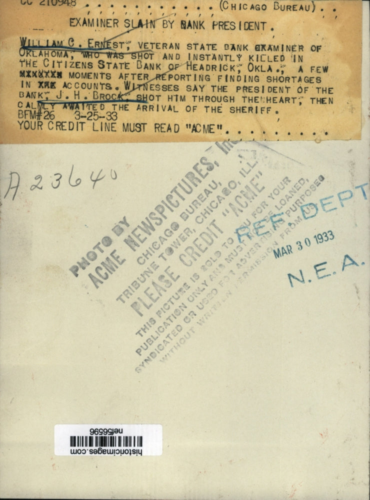 Load image into Gallery viewer, 1933 Press Photo William C. Ernest, Shot &amp; Killed by J.H. Brock, Oklahoma
