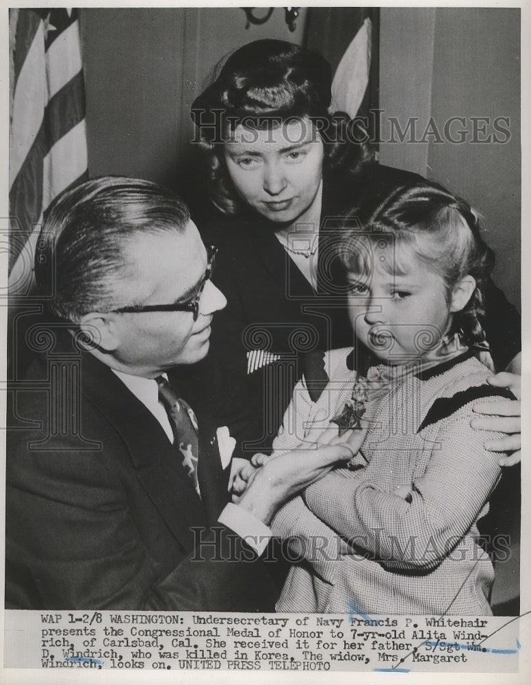 1952 Press Photo Francis P. Whitehair Giving William D. Windrich Medal of Honor