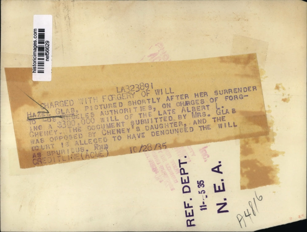 1935 Press Photo Hazel Glab Surrendered on Charges of Forgery of $300,000 Will