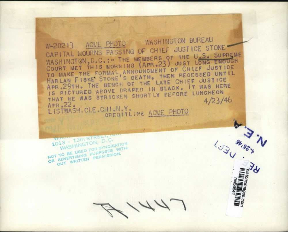 1946 Press Photo Bench of the Late Chief Justice Stone Draped in Black