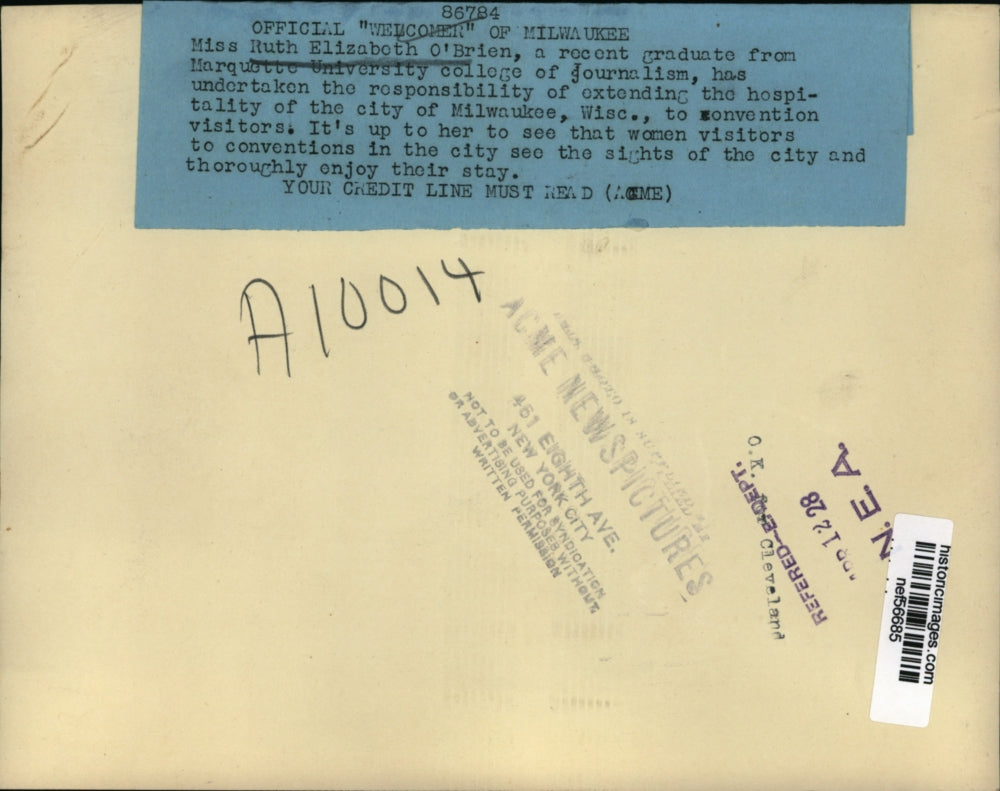 1928 Press Photo Ruth Elizabeth O'Brien, Official Milwaukee "Welcomer"