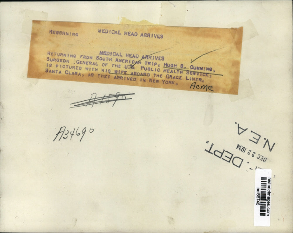 1934 Press Photo Hugh S. Cummings & Wife Aboard "Santa Clara" New York