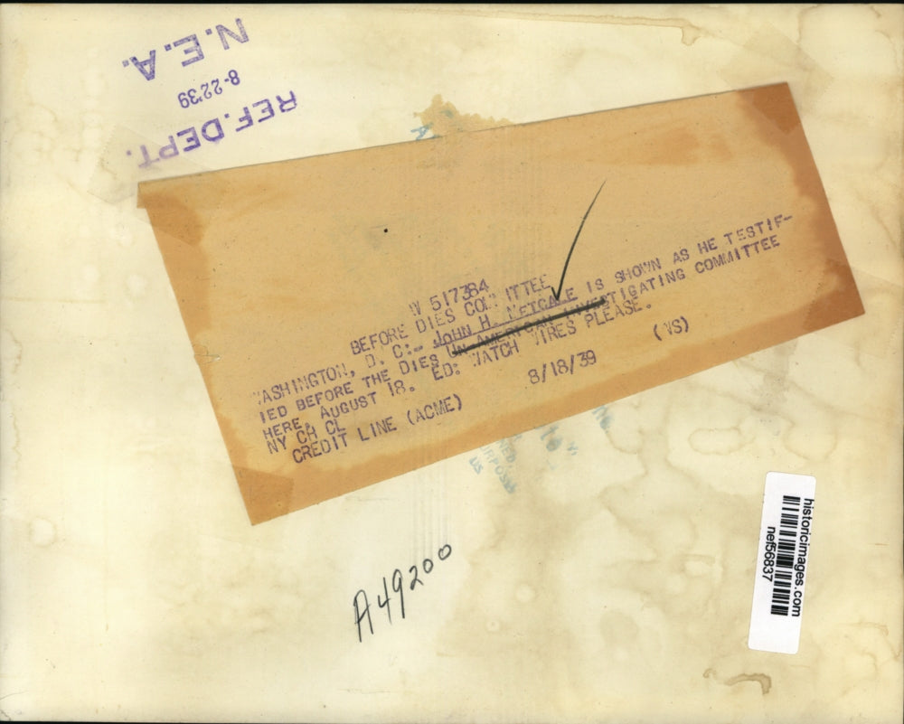 1939 Press Photo John H. Metcalfe at Dies Un-American Investigating Hearing