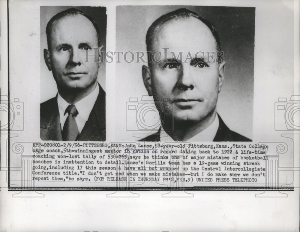 1956 Press Photo John Lance, Pittsburgh, Kansas State College Basketball Coach