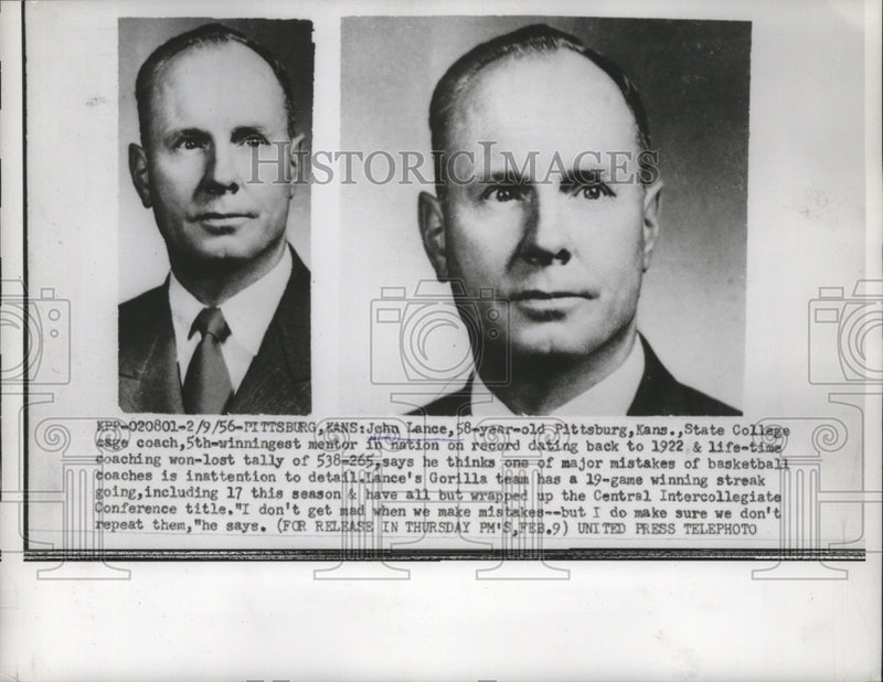 Load image into Gallery viewer, 1956 Press Photo John Lance, Pittsburgh, Kansas State College Basketball Coach
