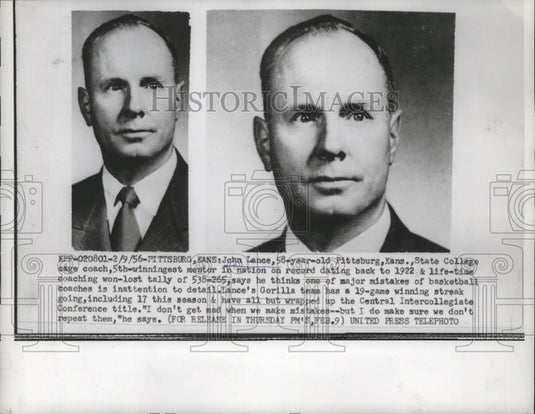 1956 Press Photo John Lance, Pittsburgh, Kansas State College Basketball Coach