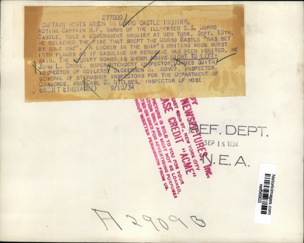 1934 Press Photo Captain W.F. Hints Arson in Morro Castle Inquiry - nef56903