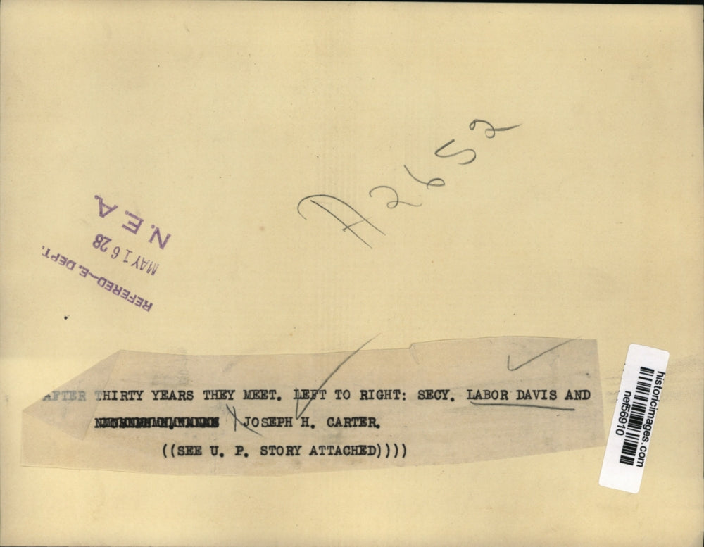 1928 Press Photo Secretary Labor Davis & Joseph H Carter Meet After 30 Years