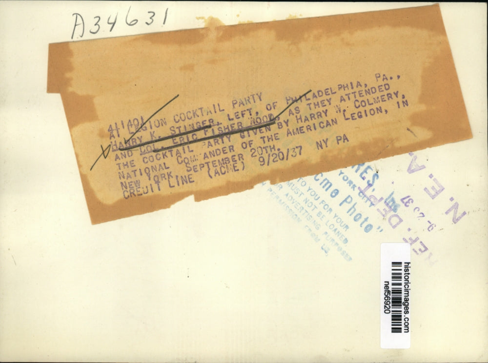 1937 Press Photo Harry K. Stringer and Col. Eric Fisher Wood at Legion Cocktail