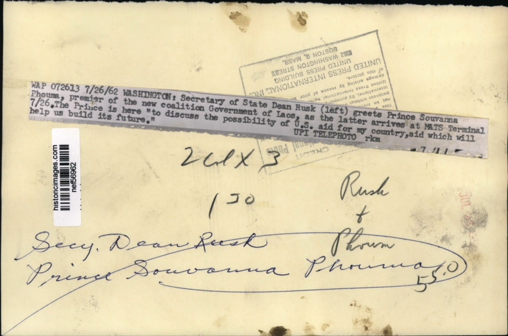 1962 Press Photo Dean Rusk Souvanna Phouma as He Arrived at MATS Terminal