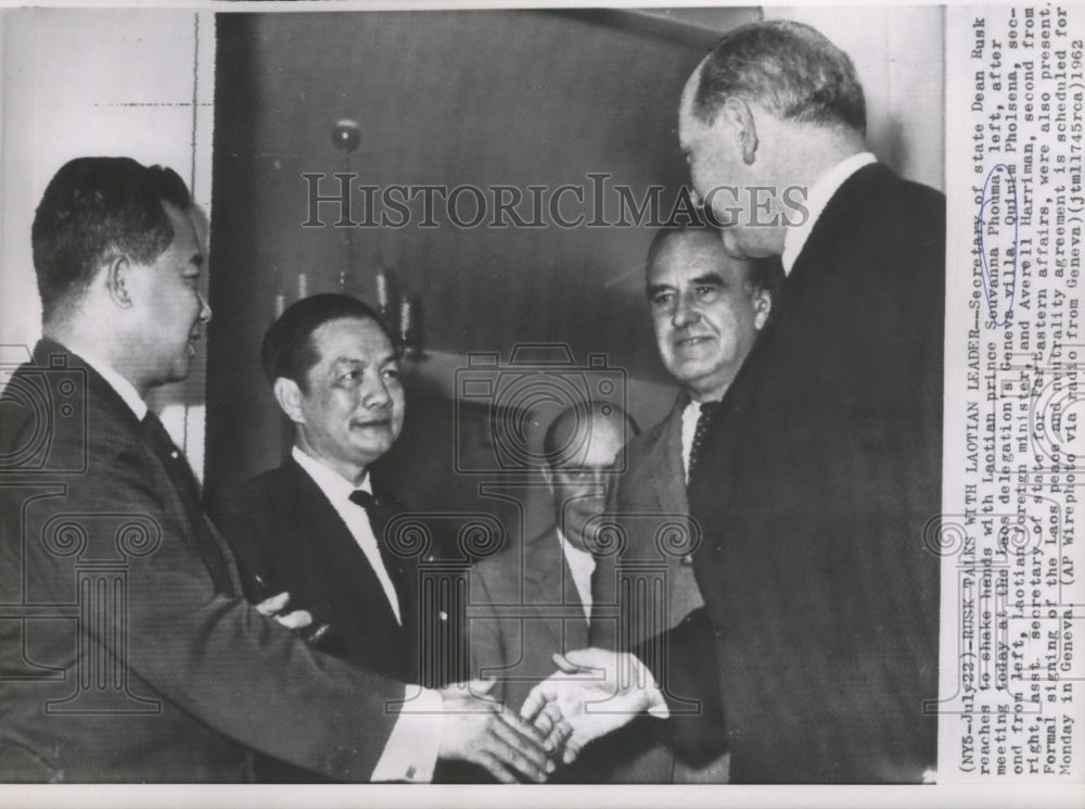 1962 Press Photo Dean Rusk Shakes Hands with Laotian Prince Souvanna Phouma