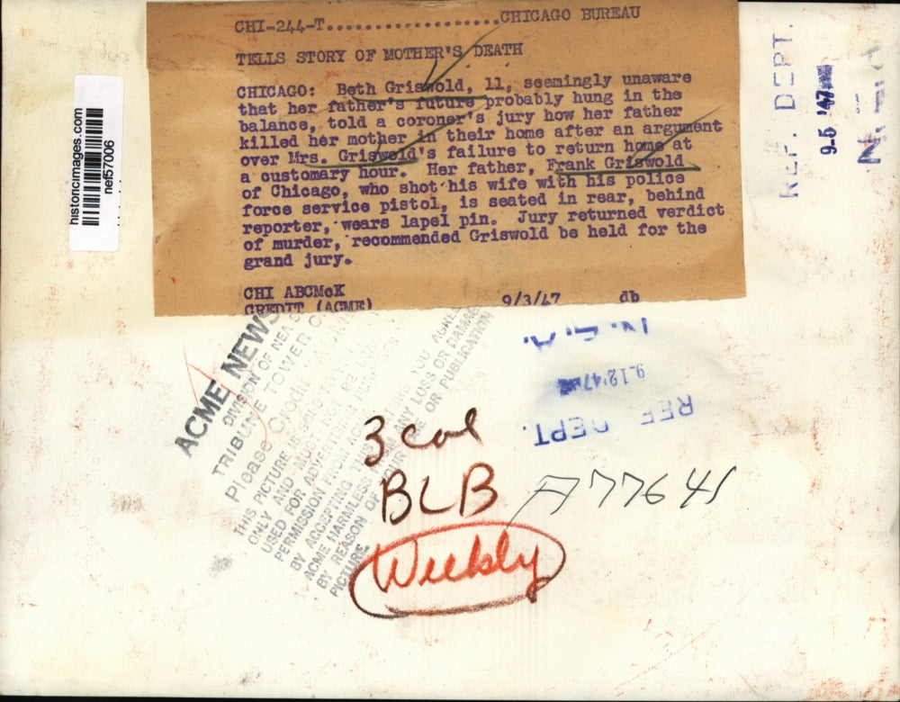 1947 Press Photo Beth Griswold Telling of Mother's Murder by Frank Griswold