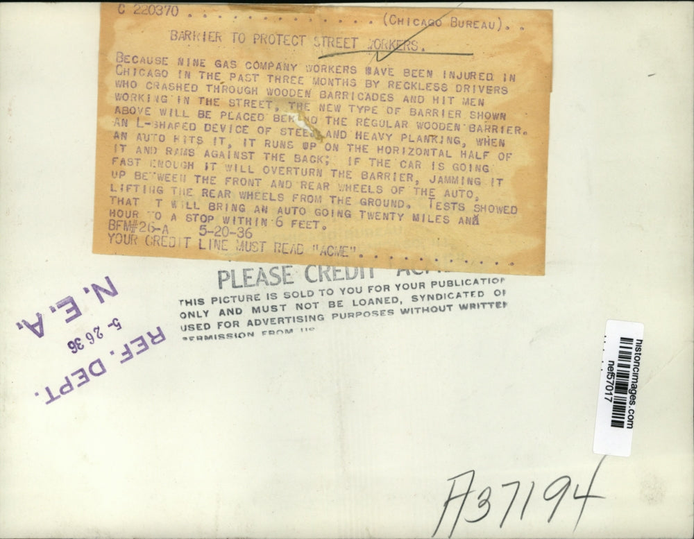 1936 Press Photo New Type of Barrier Placed Behind Regular Wood Barriers