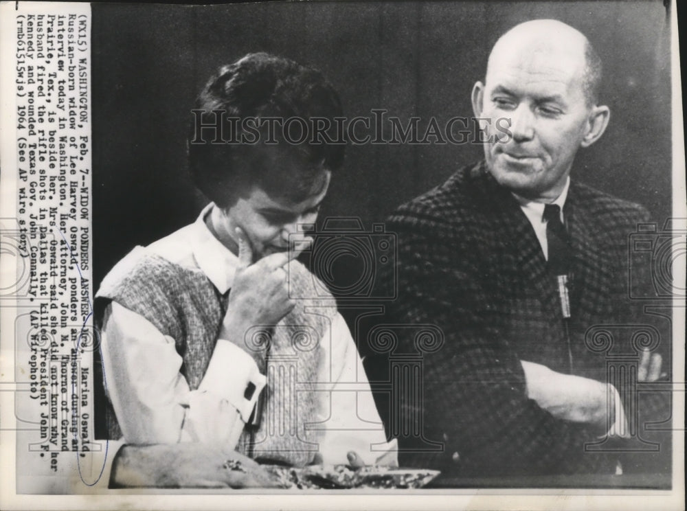 1964 Press Photo Mrs Marina Oswald Ponders Answer During Interview Today in WA