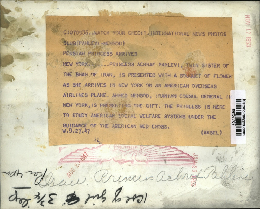 1947 Press Photo Princess Achraf Pahlevi, Twin sister of the Shah of Iran in N.Y