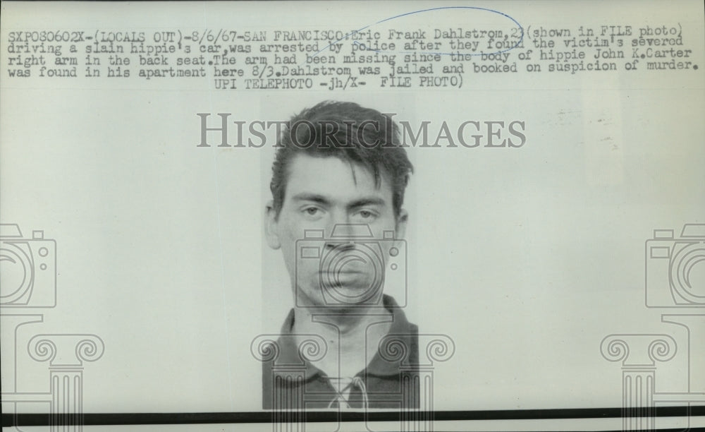 1967 Press Photo Eric Frank Dahlstrom Arrested for Murder of John Carter