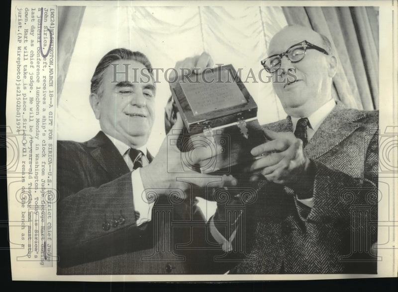 Load image into Gallery viewer, 1874 Press Photo U.S Dist.Judge John Sirica receive clock from Judge George Hart

