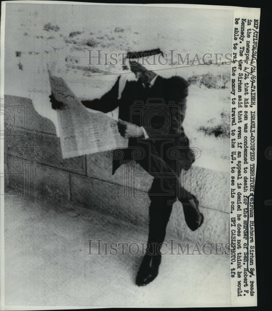 1969 Press Photo Sirhan Bishara Sirhan Sr. reads his son was condemned to death