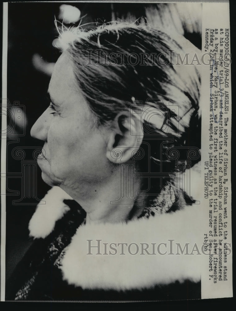 1969 Press Photo Mary Sirhan on the witness stand at her son's murder trial