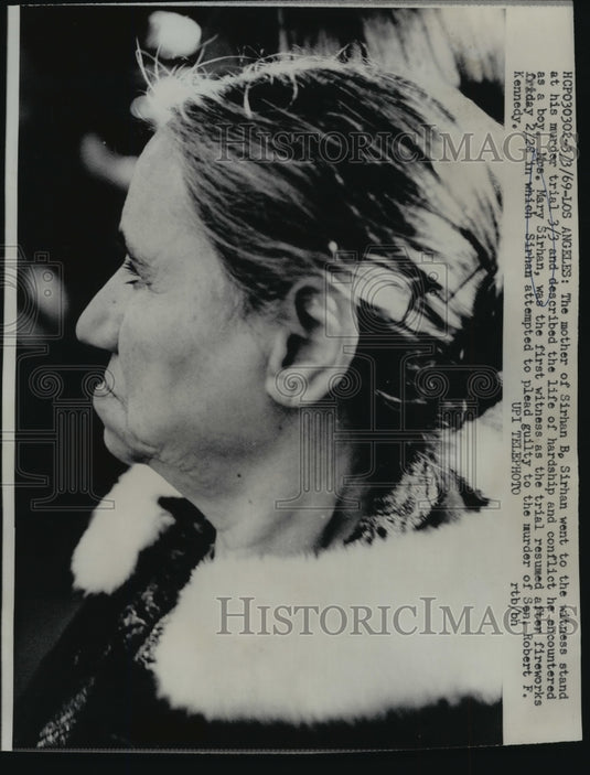 1969 Press Photo Mary Sirhan on the witness stand at her son's murder trial