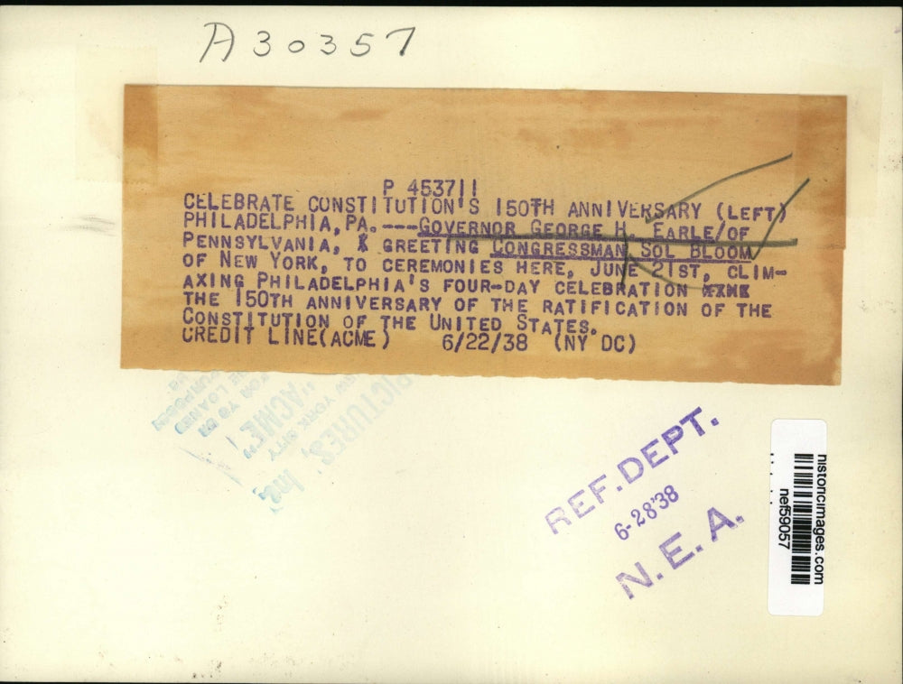 1938 Press Photo Gov.George H. Earle of Pennsylvania greet Rep. Sol Bloom of N.Y