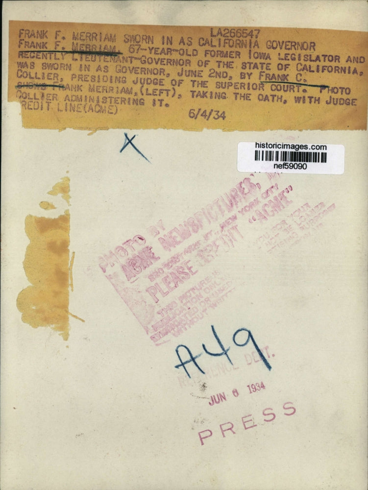 1934 Press Photo Frank F. Merriam sworn in as California Governor - nef59090