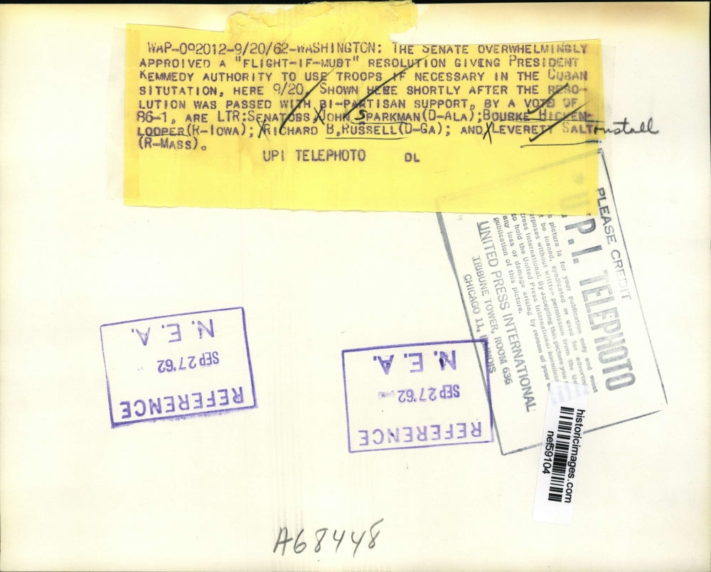 1962 Press Photo Senators John Sparkman,Bourke Hickem Looper, Richard B. Russell